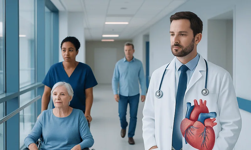 Doctor with heart illustration consulting elderly patient in hospital corridor.