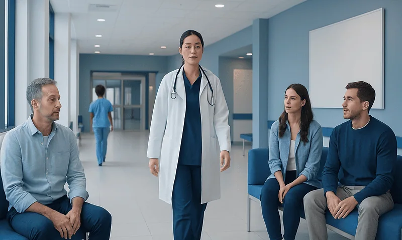 Healthcare professional consulting patients in hospital corridor.