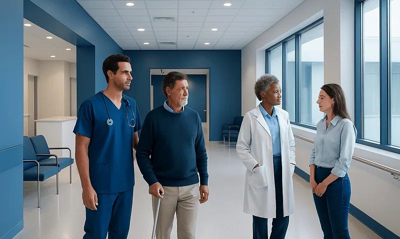 Medical team discussing patient care in hospital corridor.