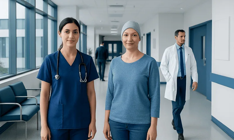 Healthcare professionals in hospital corridor with patient and staff.