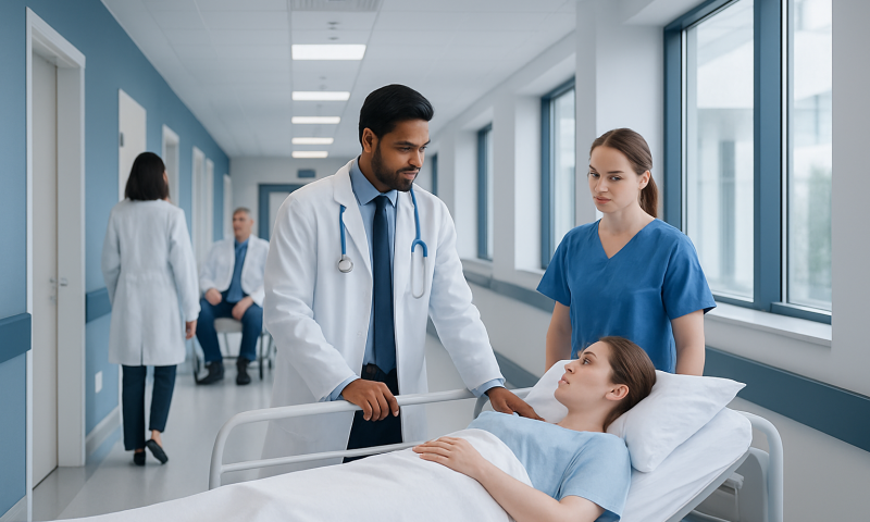 Doctor and nurse attending to a patient in a hospital corridor.