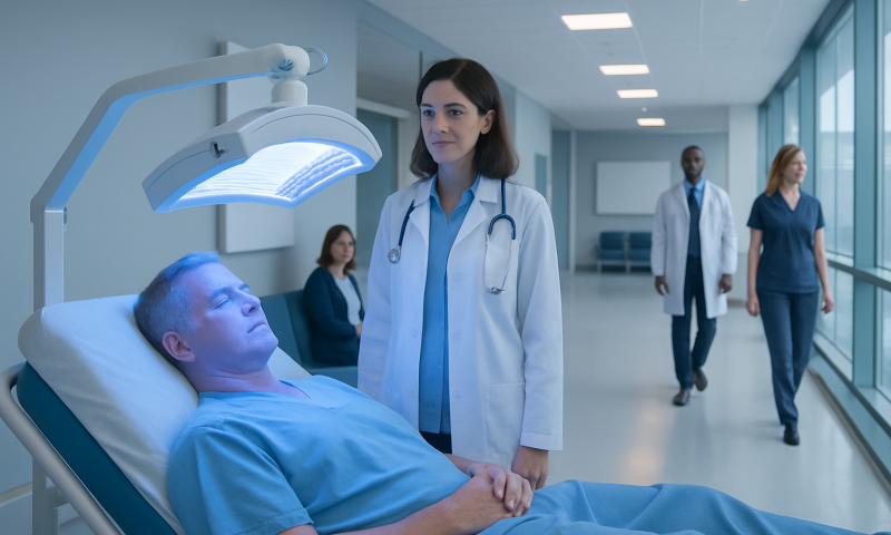 Doctor examining patient under blue light therapy in hospital.