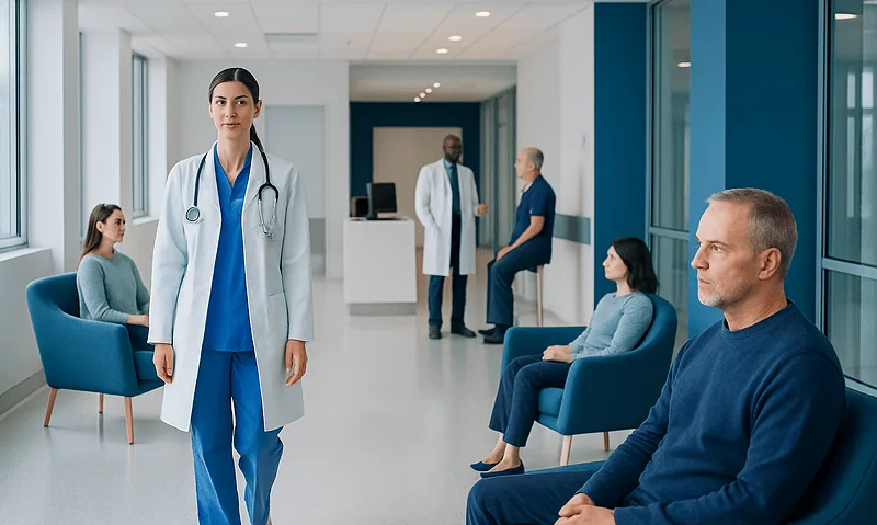 Medical consultation in a modern hospital waiting area with healthcare professionals and patients.