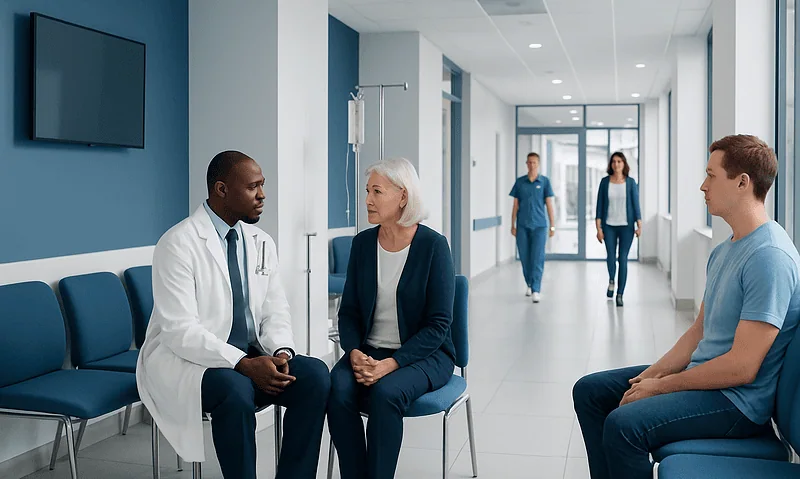 Doctor consulting with elderly woman and young patient in hospital corridor.