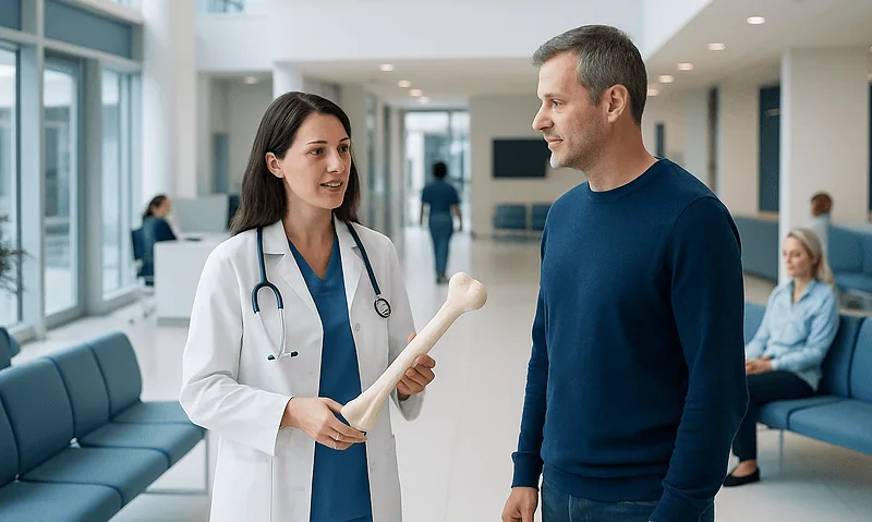 Doctor explaining bone health to a patient in hospital lobby.