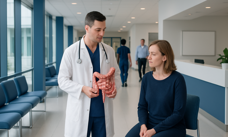 Doctor explaining bowel health to a patient in a hospital corridor.