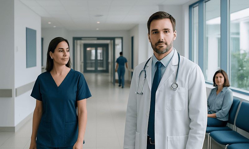 Medical team in hospital corridor with doctor and nurses.
