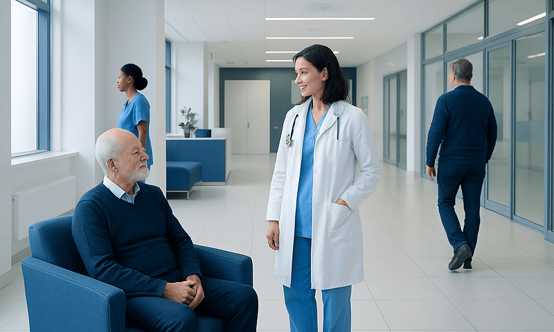Brca2 Positive Prostate Cancer Treatment Parp Inhibitor: How It Works, Results and What to Expect 15 Doctor talking to elderly patient in hospital corridor.