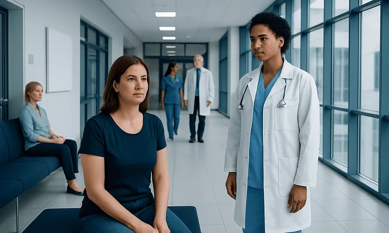 Medical consultation in a hospital corridor with healthcare professionals and patient.