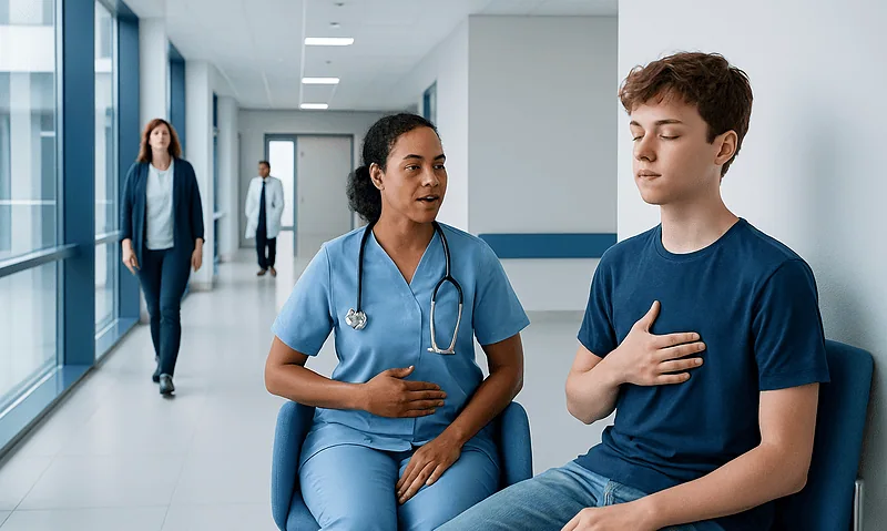 Teen undergoing breathwork therapy with nurse in hospital corridor.