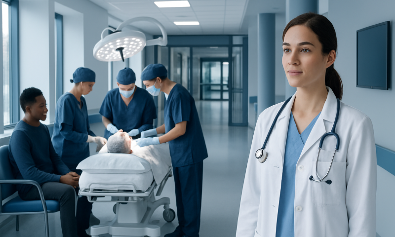 Medical team performing surgery in a modern hospital operating room.