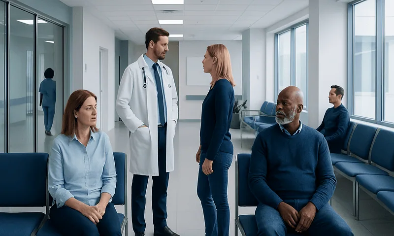 Doctor consulting with patients in a hospital waiting area.