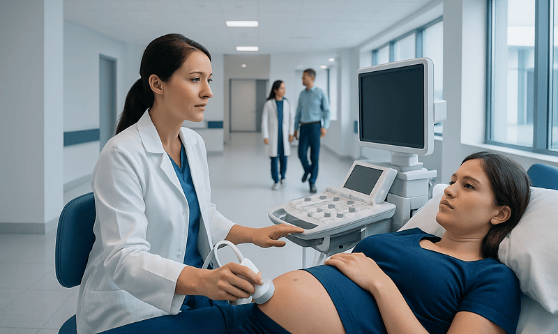 Doctor performing ultrasound on pregnant woman in hospital.