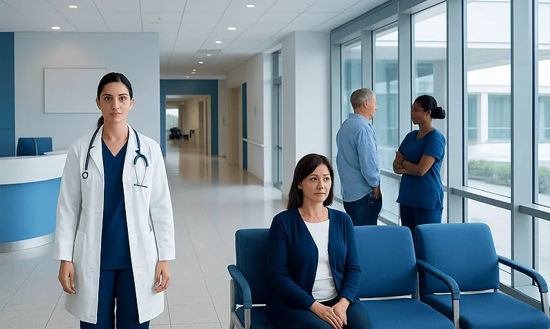 Healthcare professionals and a doctor in a modern hospital corridor.
