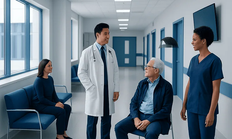 Medical consultation in hospital corridor with doctor and patients.