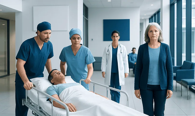 Medical team preparing patient for surgery in hospital corridor.