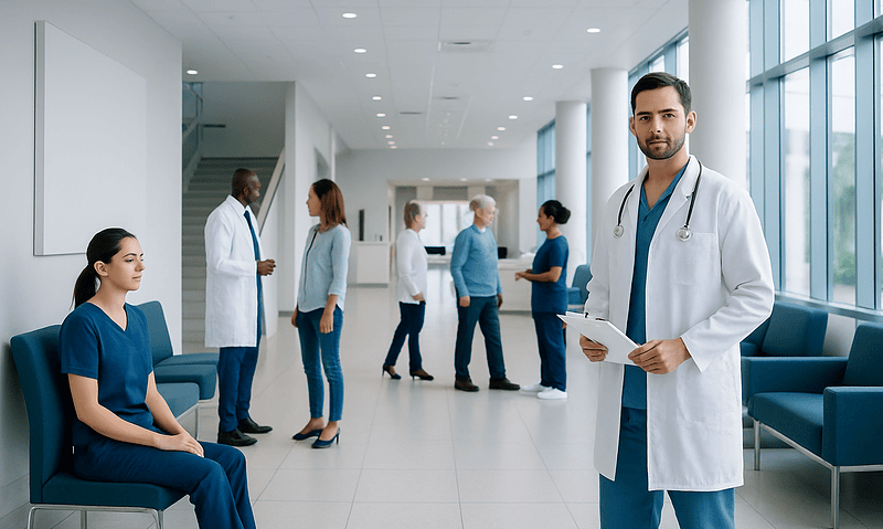 Medical professionals and patients in a modern hospital corridor.