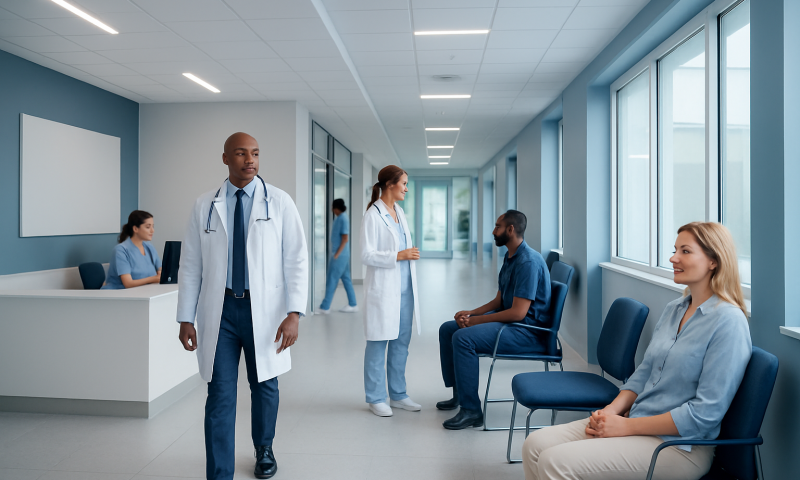 Medical professionals and patients in a modern hospital corridor.