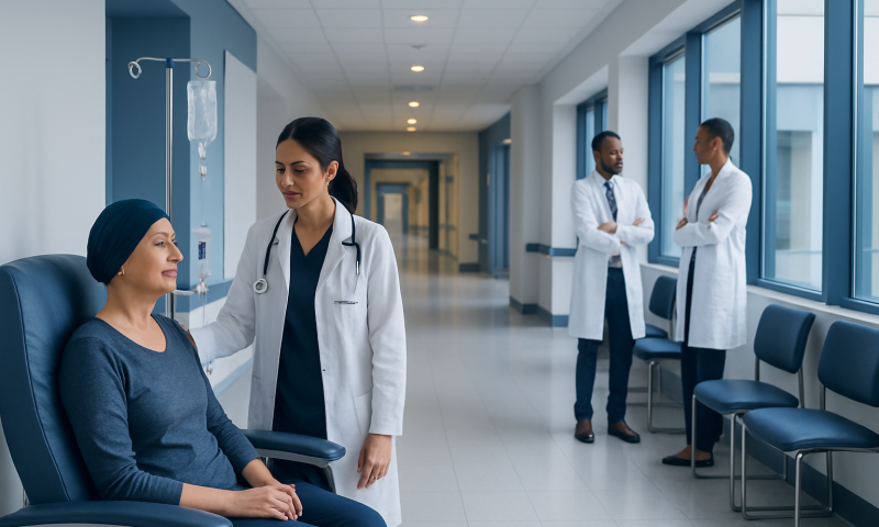 Hospital staff consulting with a patient in a modern medical facility.