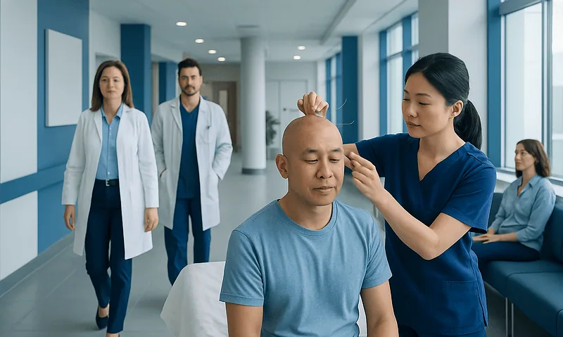 Acupuncture treatment being performed on a patient in a hospital corridor.