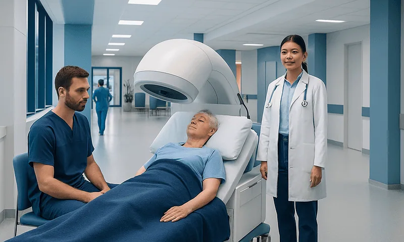 Patient undergoing hyperthermia treatment in a modern hospital setting.