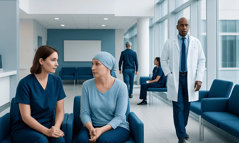 Cancer Treatment Financial Assistance: How It Works, Results and What to Expect 4 Patient and nurse in hospital waiting area with doctor nearby.