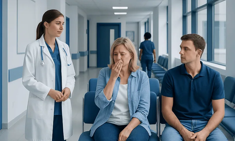 Patient experiencing allergy symptoms in hospital waiting area.