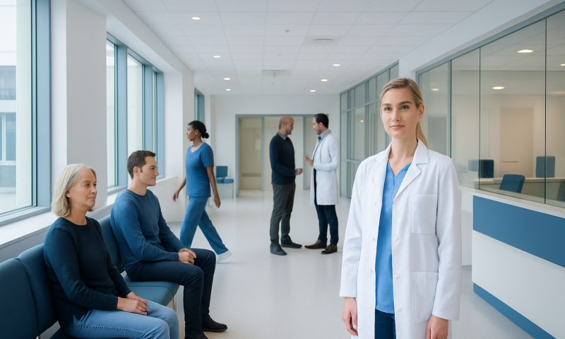 Healthcare professionals and patients in a modern hospital corridor.