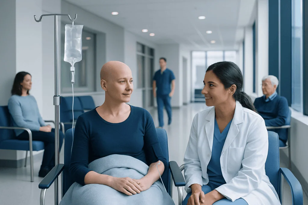 CAR T Infusion: Procedure, Recovery and Results 1 Patient receiving CAR T cell therapy consultation in hospital.