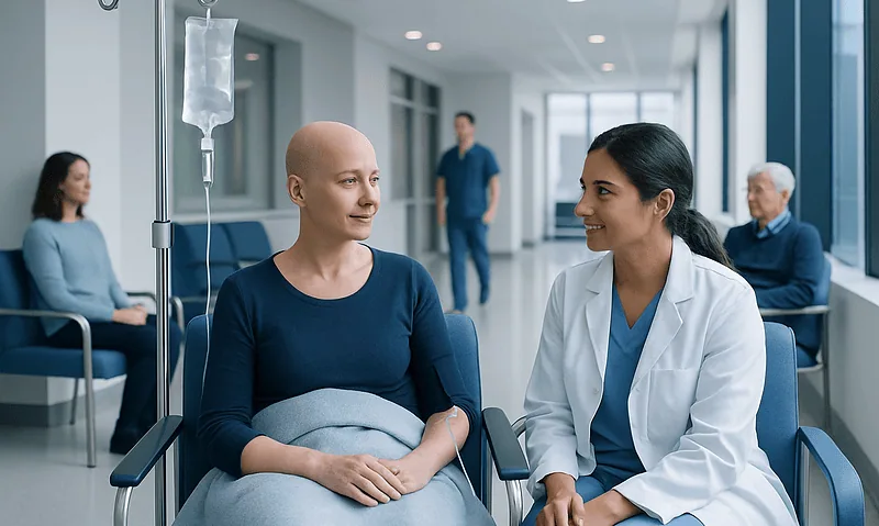Patient receiving CAR T cell therapy consultation in hospital.