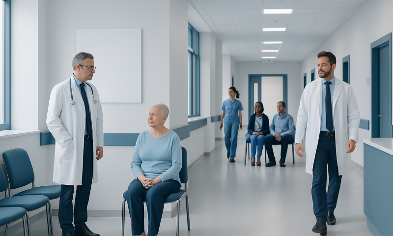 Cart Therapy: How It Works, Results and What to Expect 6 Patient consulting with doctor in hospital corridor.