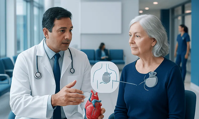 Cardiologist explains heart device to elderly woman in hospital setting.
