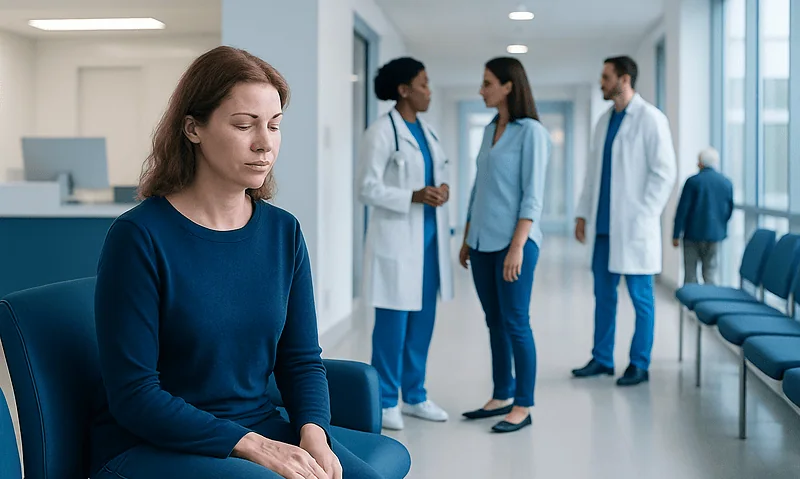 Woman waiting in hospital corridor with medical staff in background.