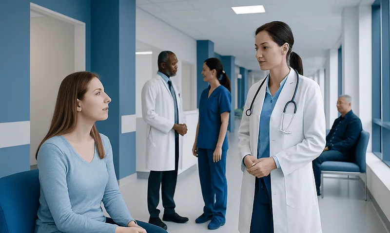 Medical consultation in a hospital corridor with doctors and patient.