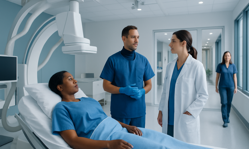 Medical team preparing patient for a cerebral catheter procedure in hospital.