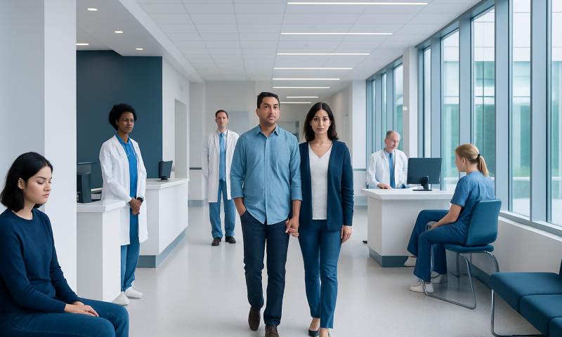 Medical team and patients in a modern hospital corridor.