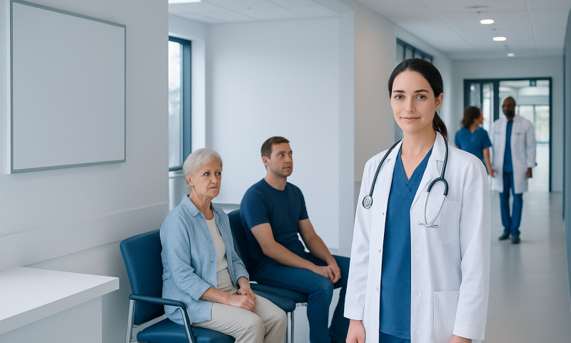 Healthcare professional with patients in a modern hospital corridor.