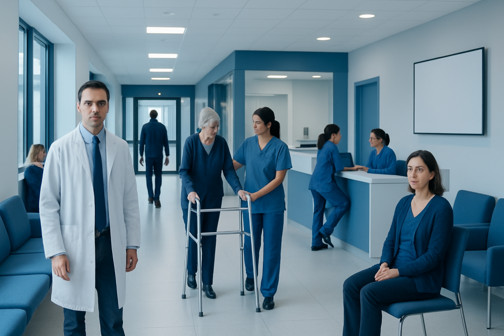 Cell Therapy Gmp Manufacturing: How It Works, Results and What to Expect 1 Medical staff and patients in a modern hospital corridor.