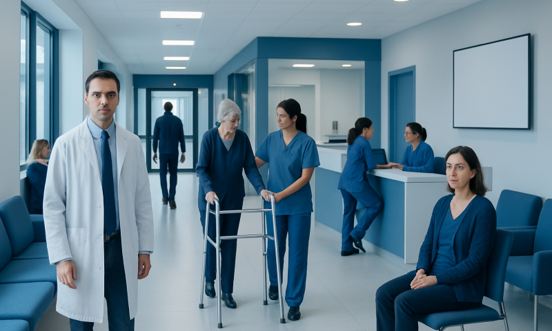 Medical staff and patients in a modern hospital corridor.