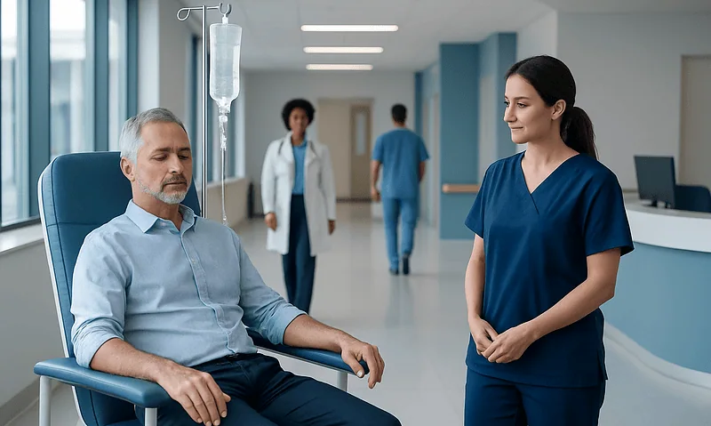 Patient receiving chelation therapy in a hospital setting with medical staff nearby.