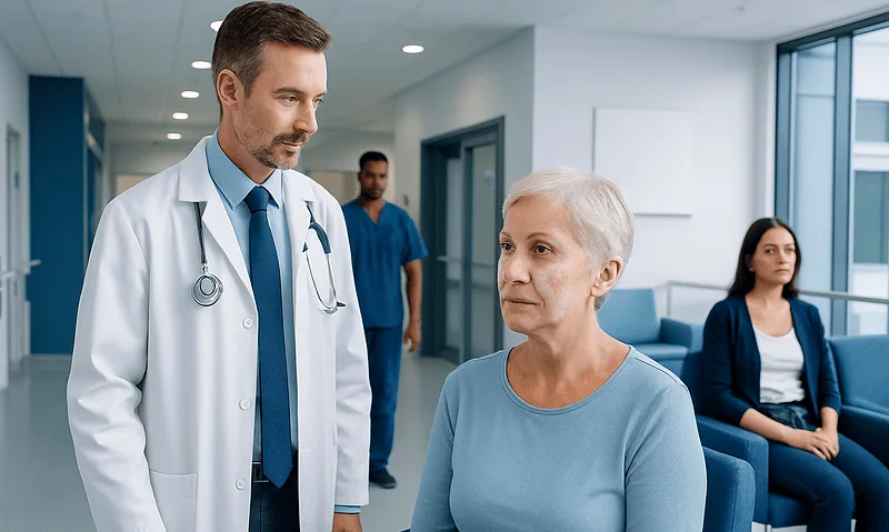 Doctor consulting elderly woman in hospital corridor at Acibadem Hospital.