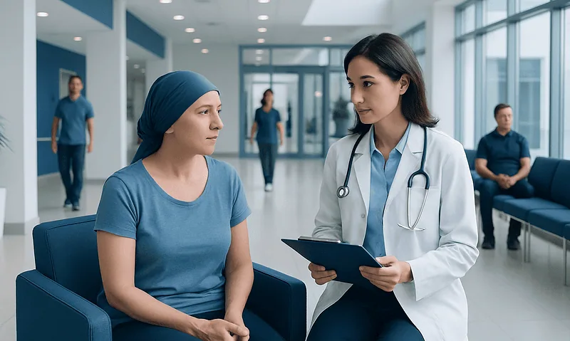 Patient consulting with doctor in hospital corridor.