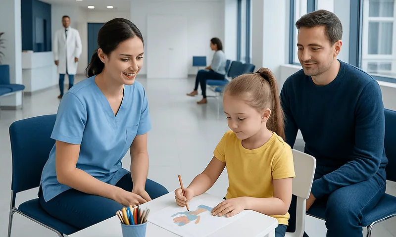 Child engaging in art therapy with a therapist and parent at a hospital.