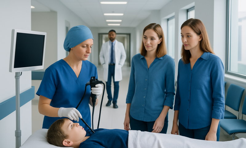 Pediatric endoscopy procedure in a hospital setting with medical staff and a young patient.
