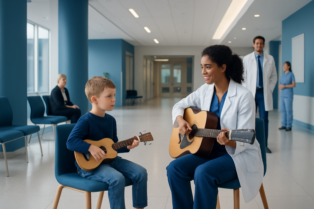 Children's Music Therapy: How It Works, Results and What to Expect 1 Child and healthcare professional playing guitar in hospital corridor.