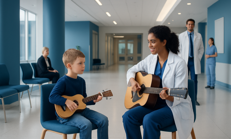 Child and healthcare professional playing guitar in hospital corridor.