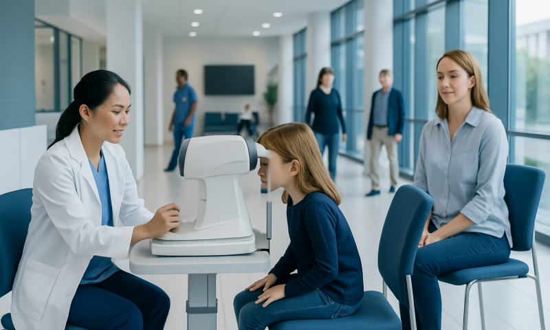 Child undergoing eye exam at a modern hospital clinic.