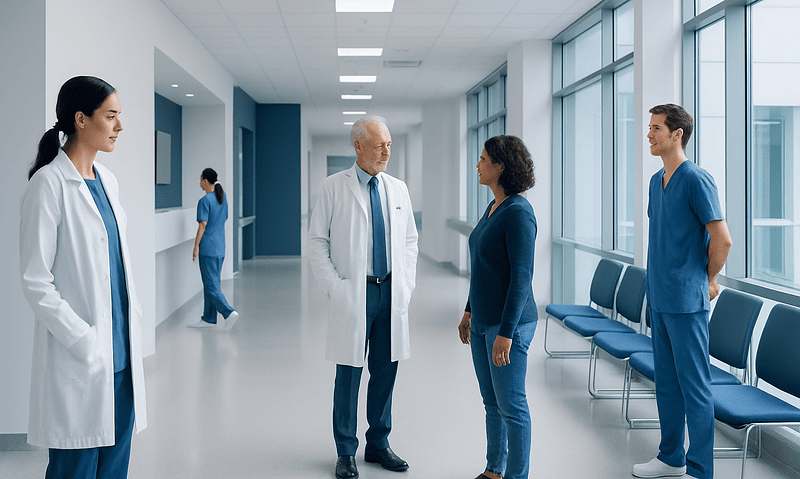 Medical professionals and staff in a hospital corridor engaging in conversation.
