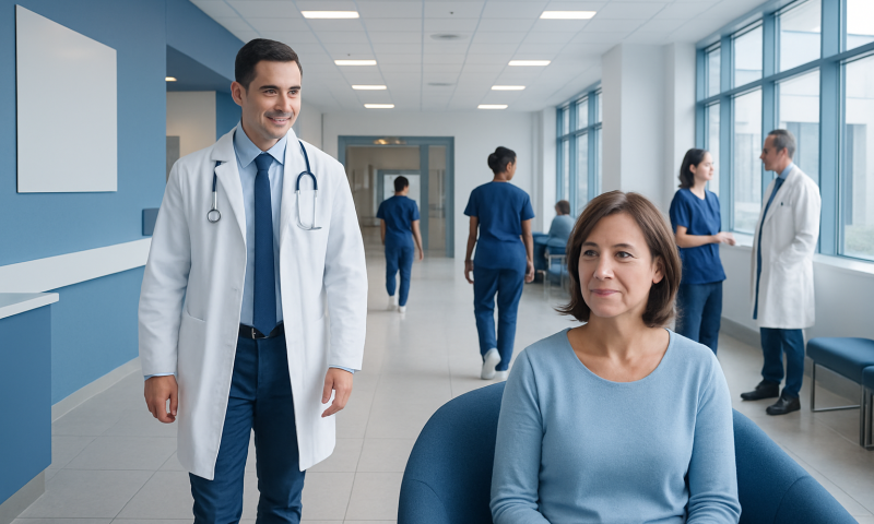 Healthcare professionals and patient in a modern hospital corridor.