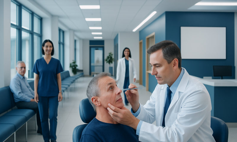 Ophthalmologist examines patient's eye in a modern clinic setting.